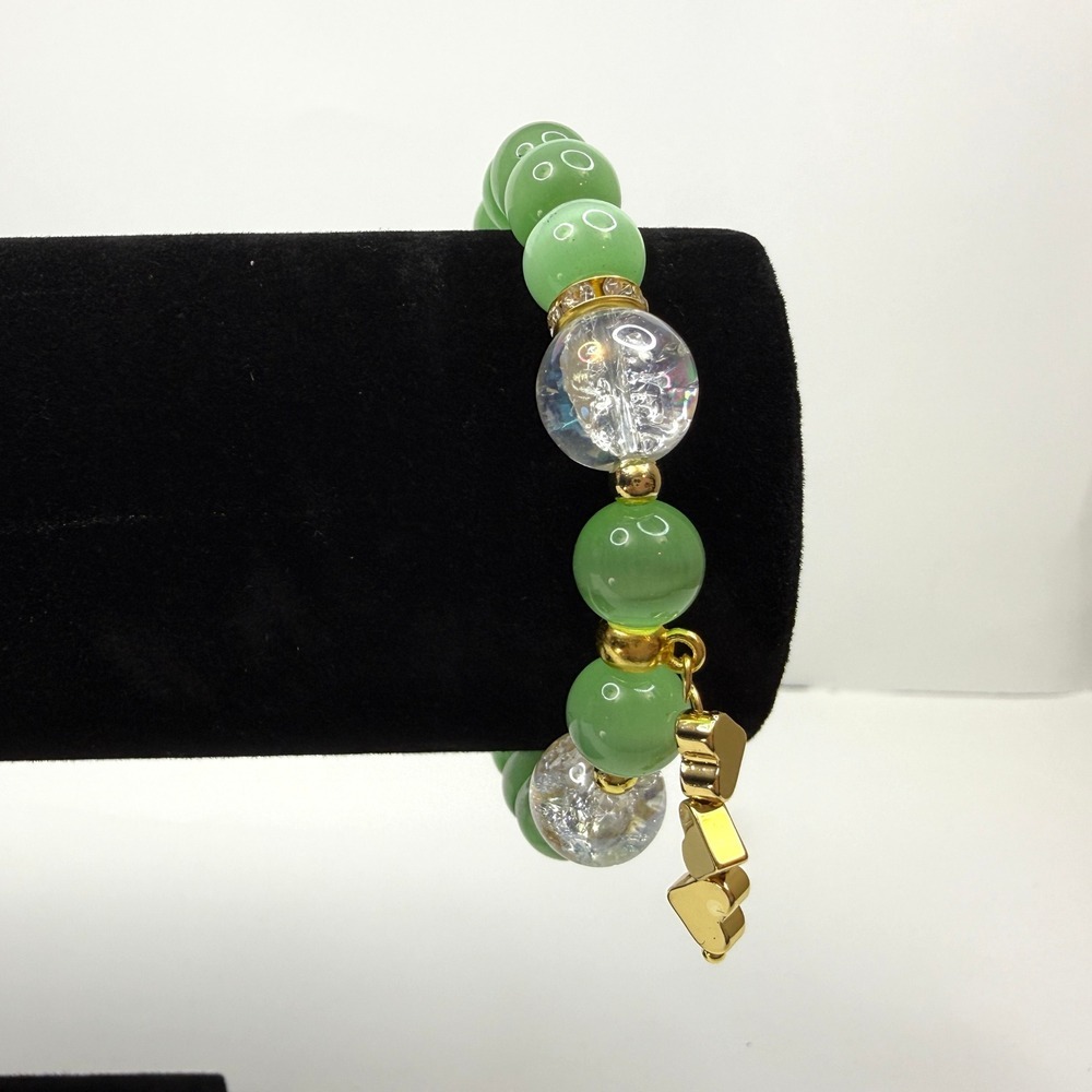 Green Glass Stone Bead Gold Heart Charm Bracelet Crystal Pave Accent Jewelry 6.5